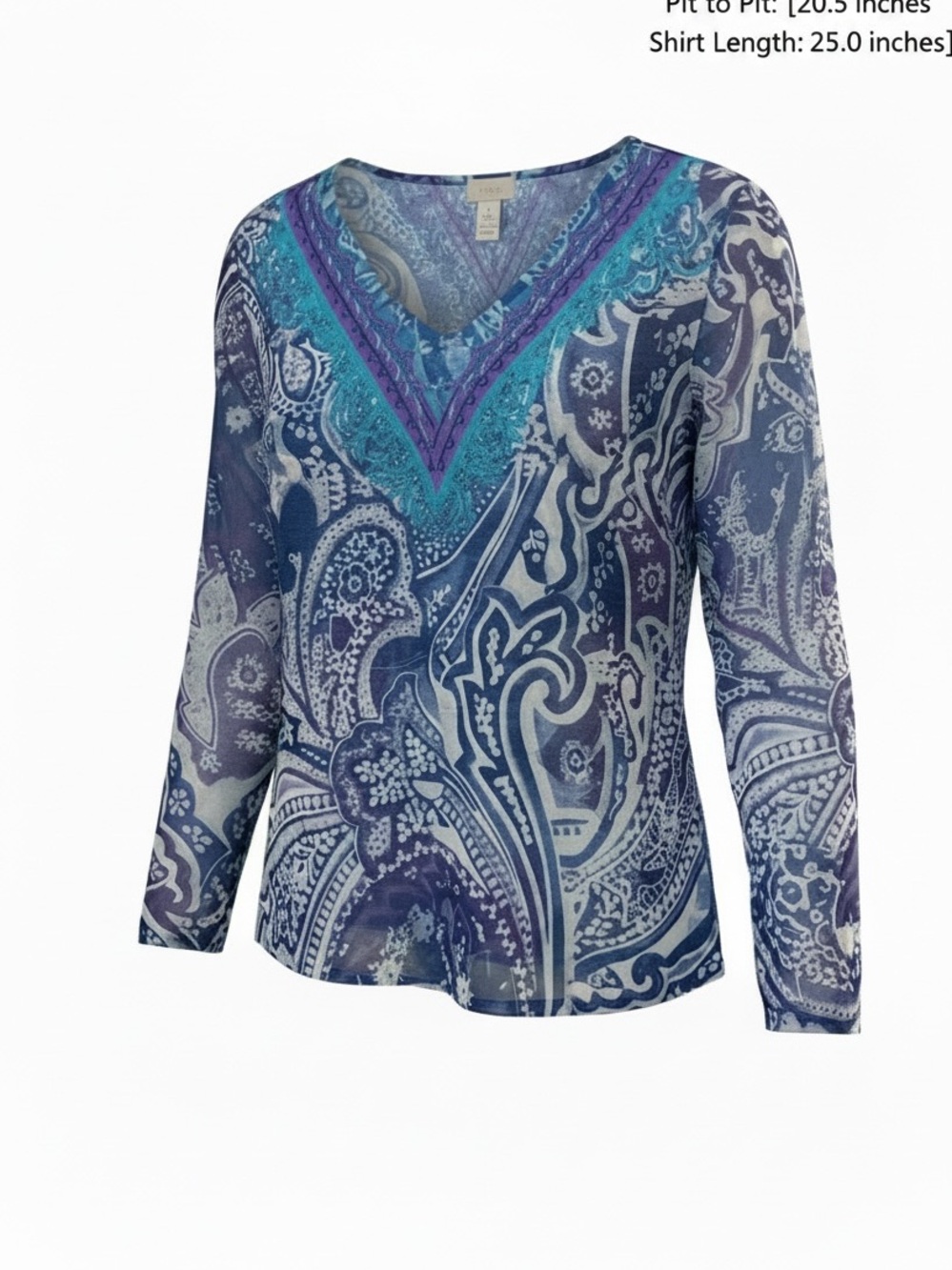 Chico's Blue & Teal Paisley V-Neck Long-Sleeve Top